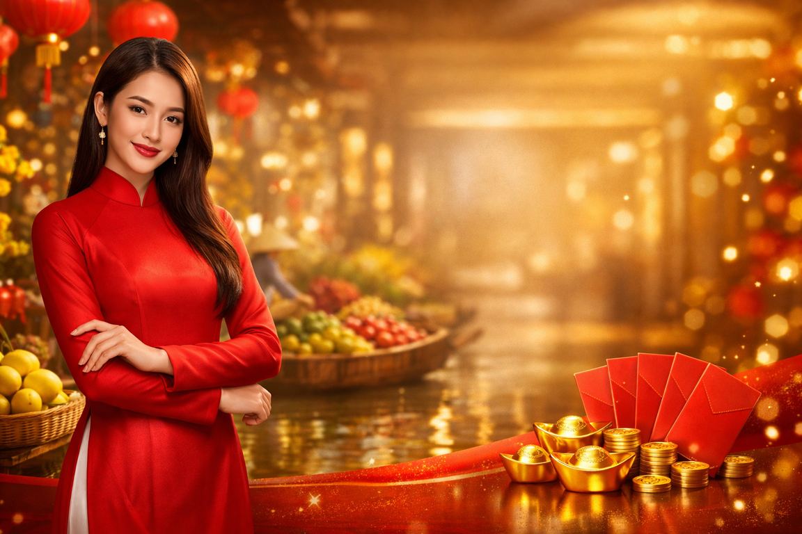 Người phụ nữ mặc áo dài bên sông Mekong cầm phong bì đỏ may mắn biểu tượng khuyến mãi