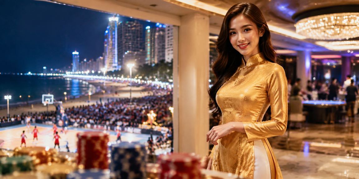Người phụ nữ mặc áo dài tại Nha Trang theo dõi kết quả thể thao và cược bóng rổ