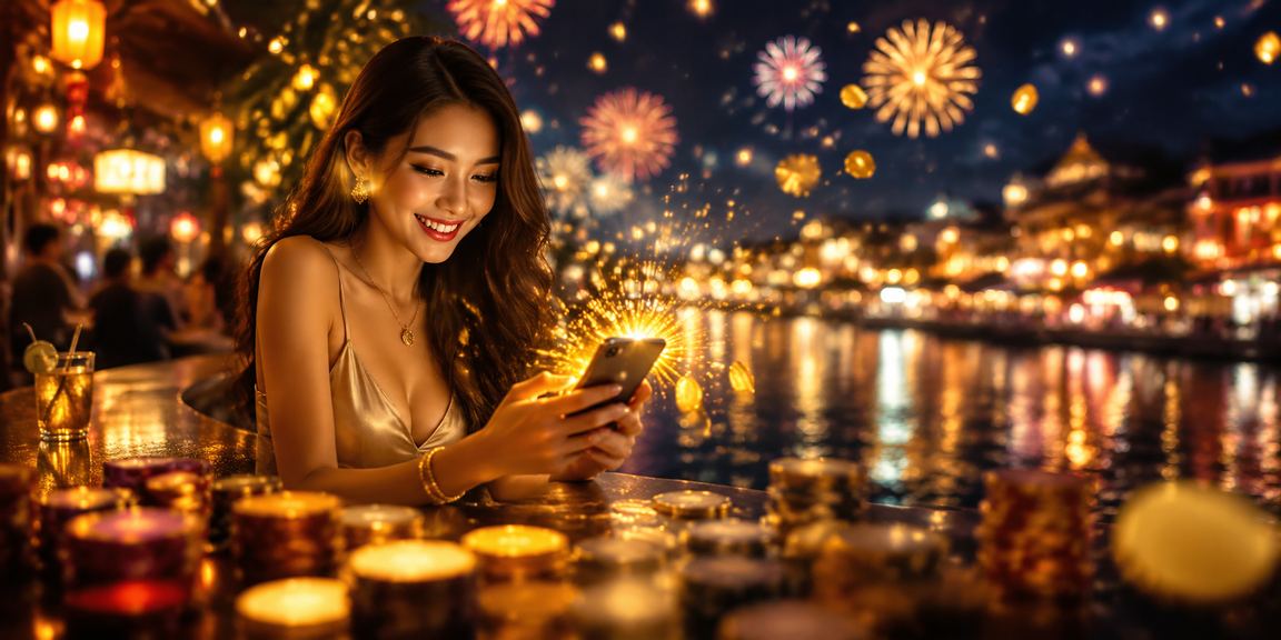 Người dùng sử dụng ứng dụng casino trên điện thoại tại chợ đêm Phú Quốc
